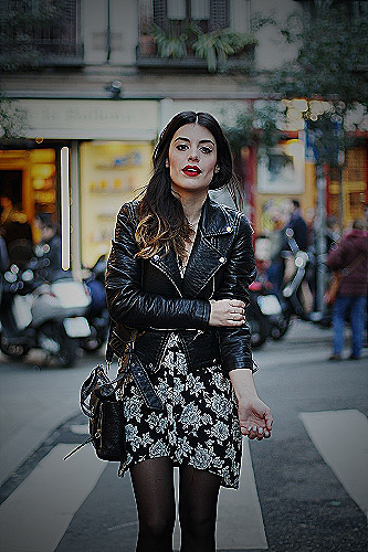 Floral Black Short and Leather Jacket Outfit - what to wear with black shorts