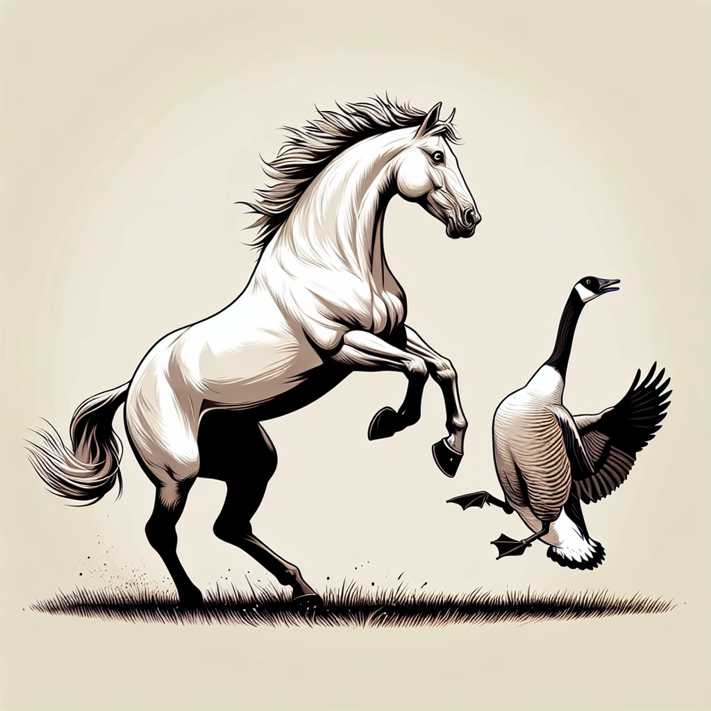 horse kicks goose - Wildlife Reactions - horse kicks goose
