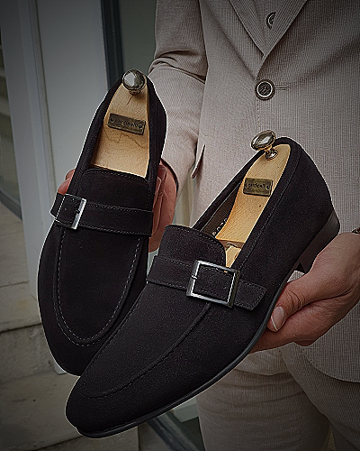 Men's Elegant Buckle Loafers - burgundy suede shoes mens