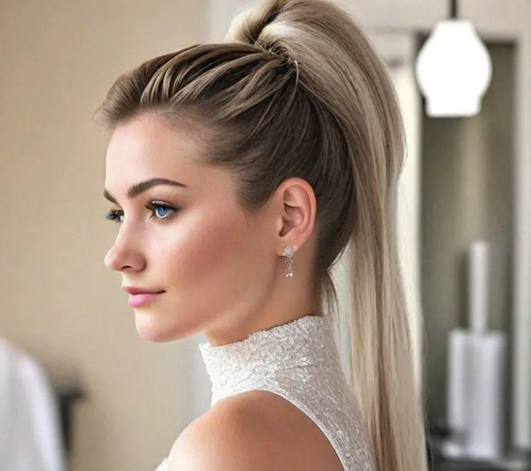 simple wedding hairstyle for round face to look slim short hair women - Hairstyle 5: Textured High Ponytail - simple wedding hairstyle for round face to look slim short hair women